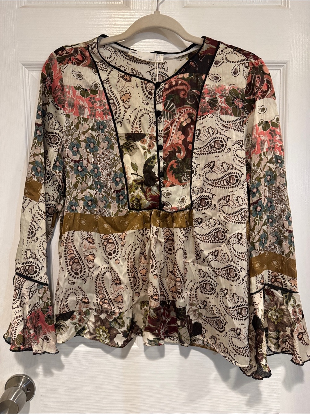 Zara L Floral Patchwork-style Long Sleeve Blouse in Cream, Olive and Rose